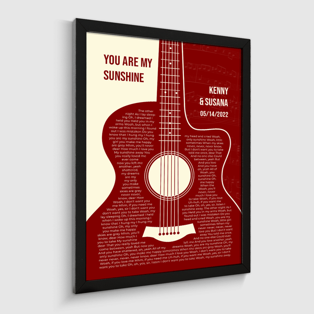 Antique Maroon Retro Guitar Design, Personalized Song Lyrics Framed Art Print