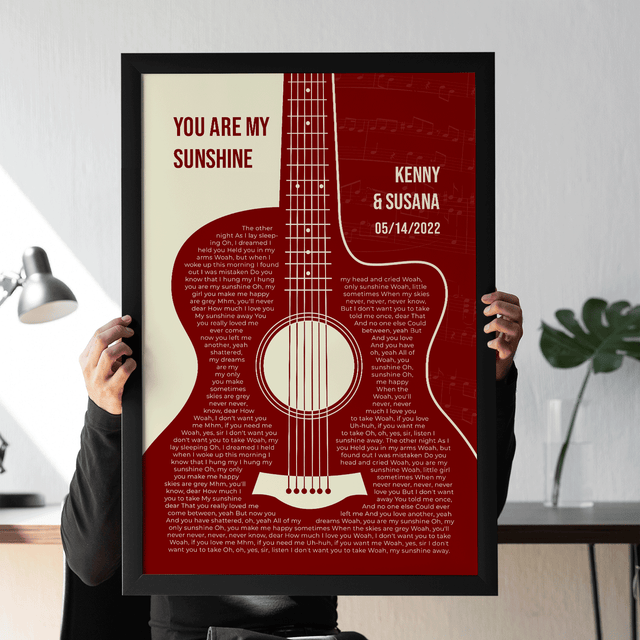 Antique Maroon Retro Guitar Design, Personalized Song Lyrics Framed Art Print