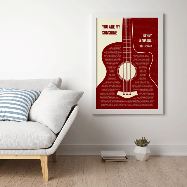 Antique Maroon Retro Guitar Design, Personalized Song Lyrics Framed Art Print