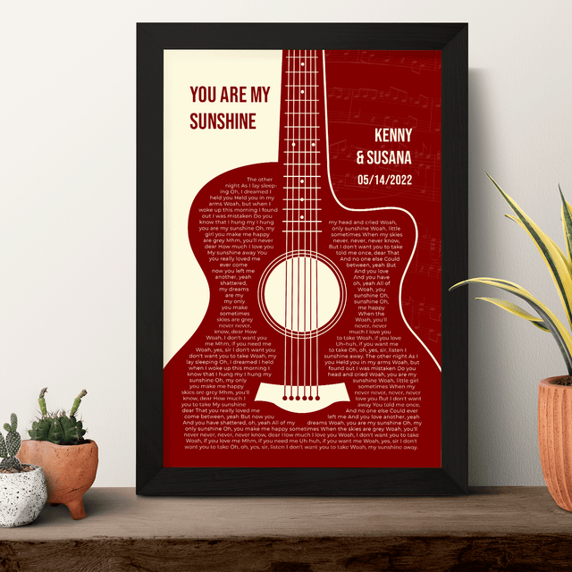 Antique Maroon Retro Guitar Design, Personalized Song Lyrics Framed Art Print