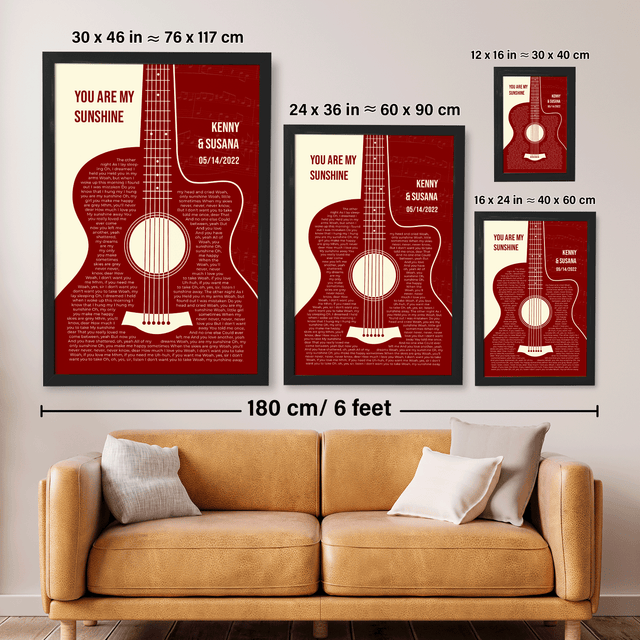 Antique Maroon Retro Guitar Design, Personalized Song Lyrics Framed Art Print