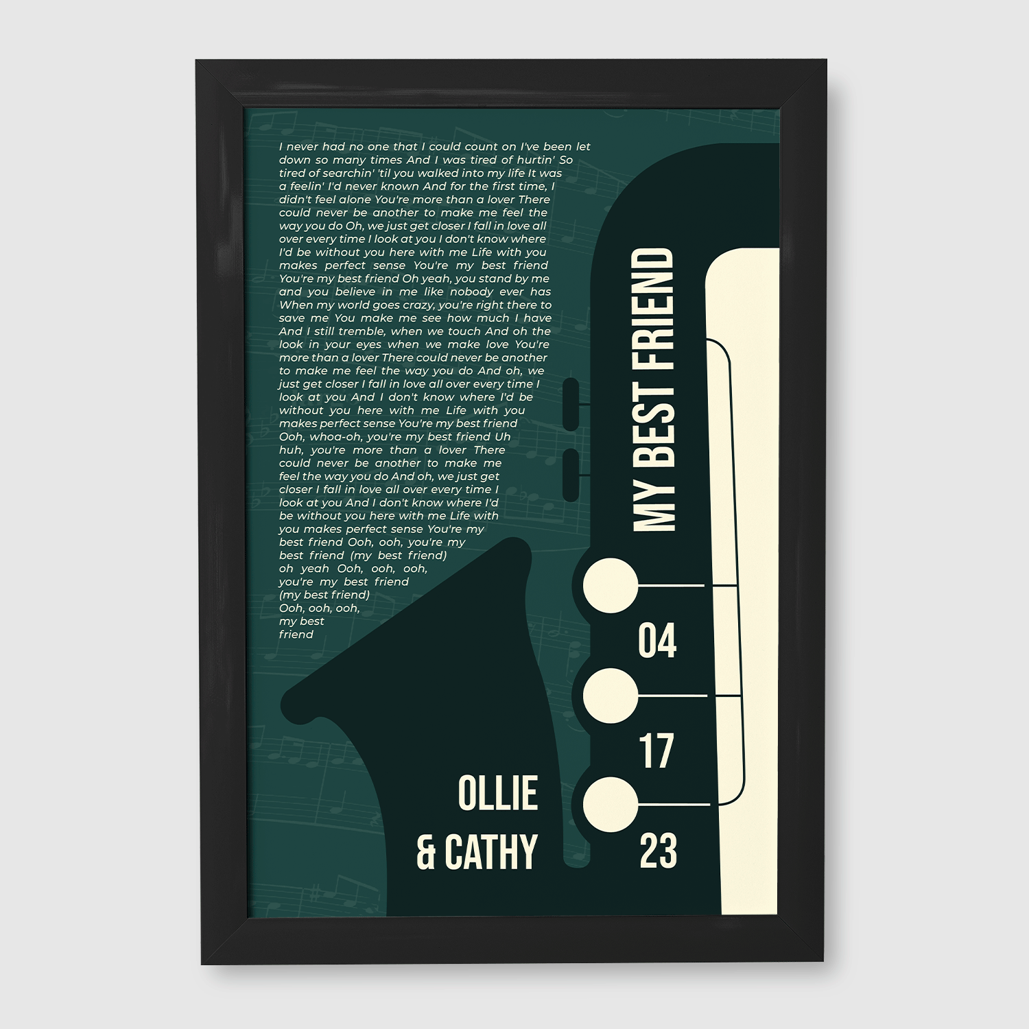 Custom Song Lyrics & Name, Vintage Green Saxophone Design Framed Art Print