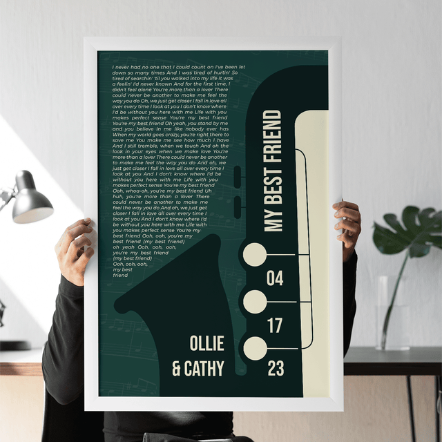 Custom Song Lyrics & Name, Vintage Green Saxophone Design Framed Art Print