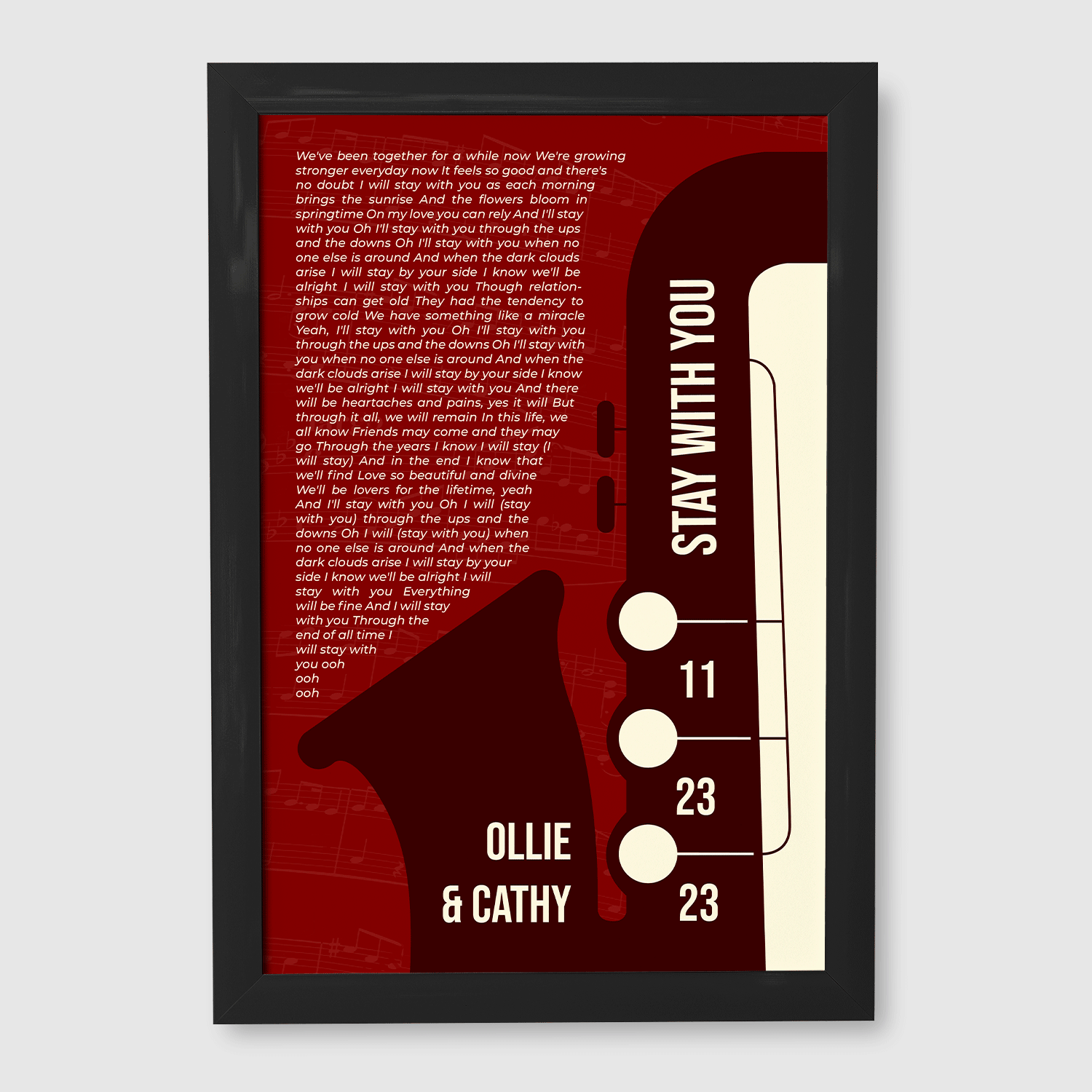 Maroon Saxophone Design Framed Art Print, Custom Song Lyrics
