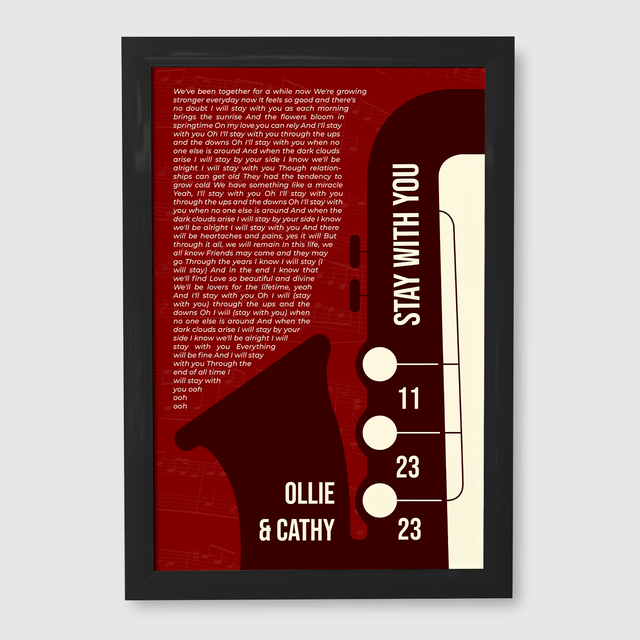 Maroon Saxophone Design Framed Art Print, Custom Song Lyrics