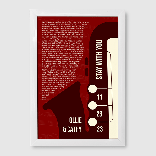 Maroon Saxophone Design Framed Art Print, Custom Song Lyrics