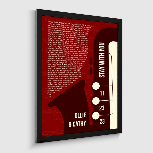 Maroon Saxophone Design Framed Art Print, Custom Song Lyrics