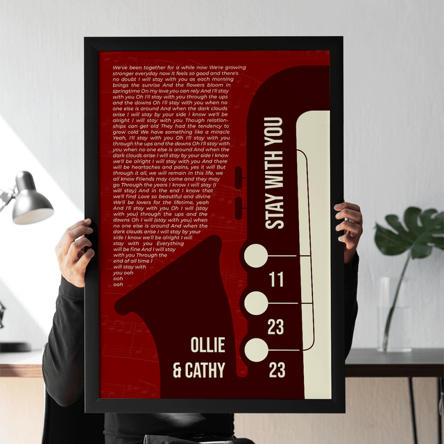 Maroon Saxophone Design Framed Art Print, Custom Song Lyrics