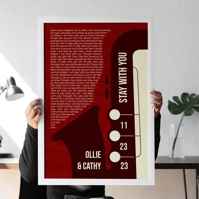 Maroon Saxophone Design Framed Art Print, Custom Song Lyrics