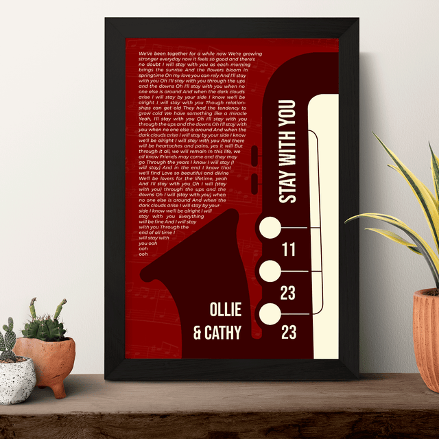 Maroon Saxophone Design Framed Art Print, Custom Song Lyrics