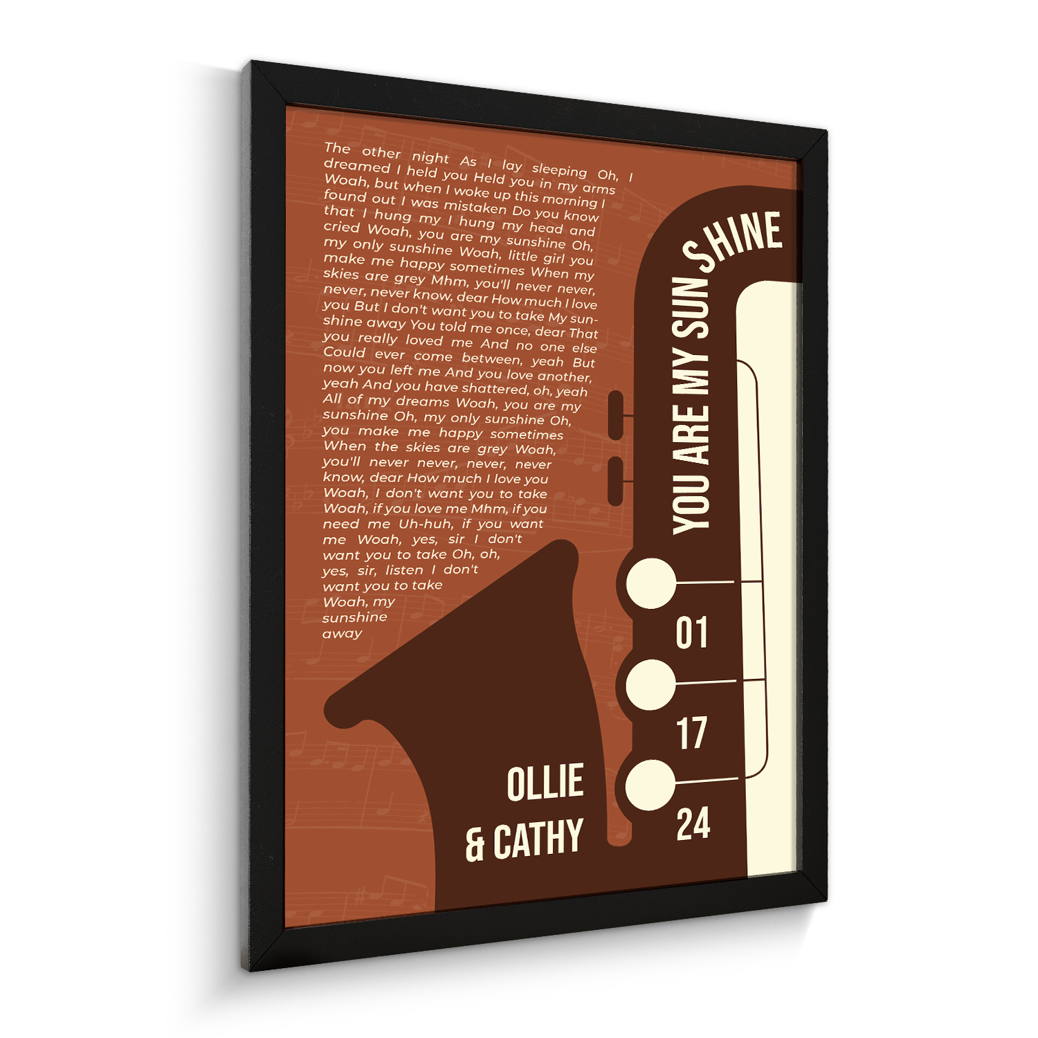 Vintage Orange Saxophone Design Framed Art Print, Custom Song Lyrics