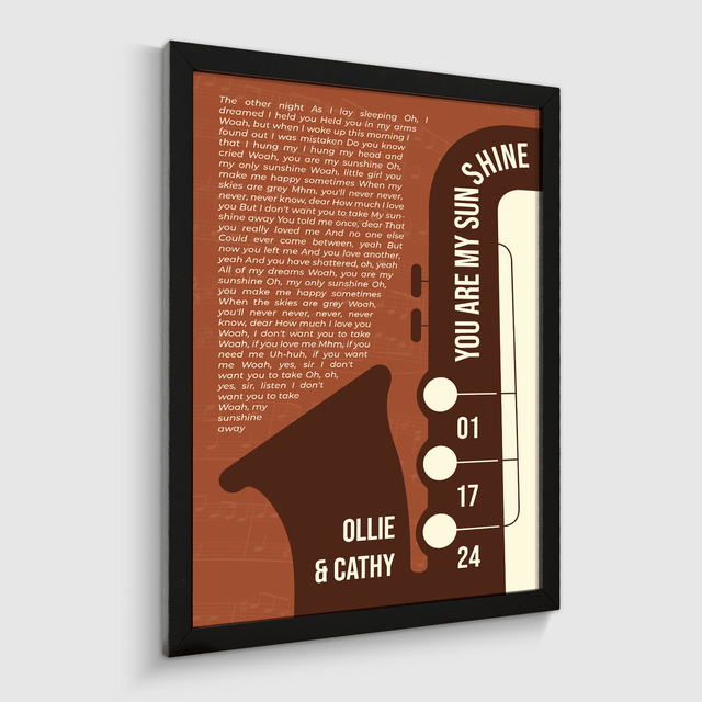 Vintage Orange Saxophone Design Framed Art Print, Custom Song Lyrics