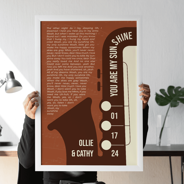 Vintage Orange Saxophone Design Framed Art Print, Custom Song Lyrics