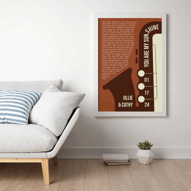 Vintage Orange Saxophone Design Framed Art Print, Custom Song Lyrics