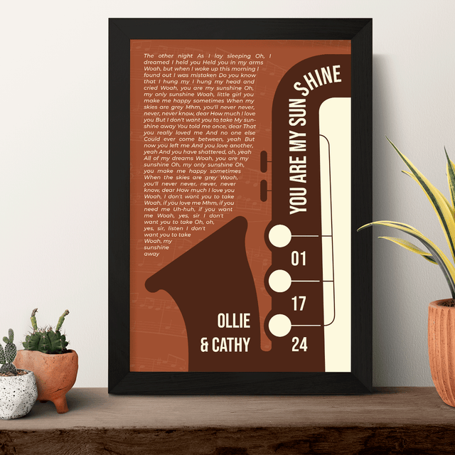 Vintage Orange Saxophone Design Framed Art Print, Custom Song Lyrics