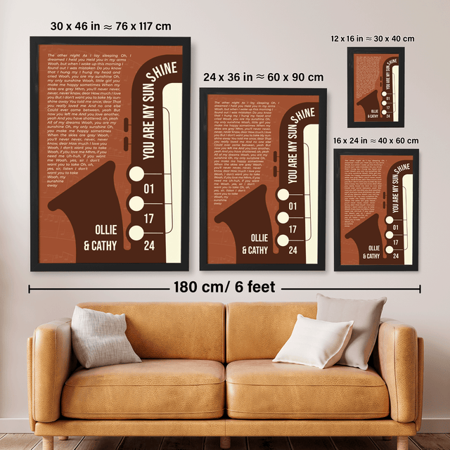 Vintage Orange Saxophone Design Framed Art Print, Custom Song Lyrics