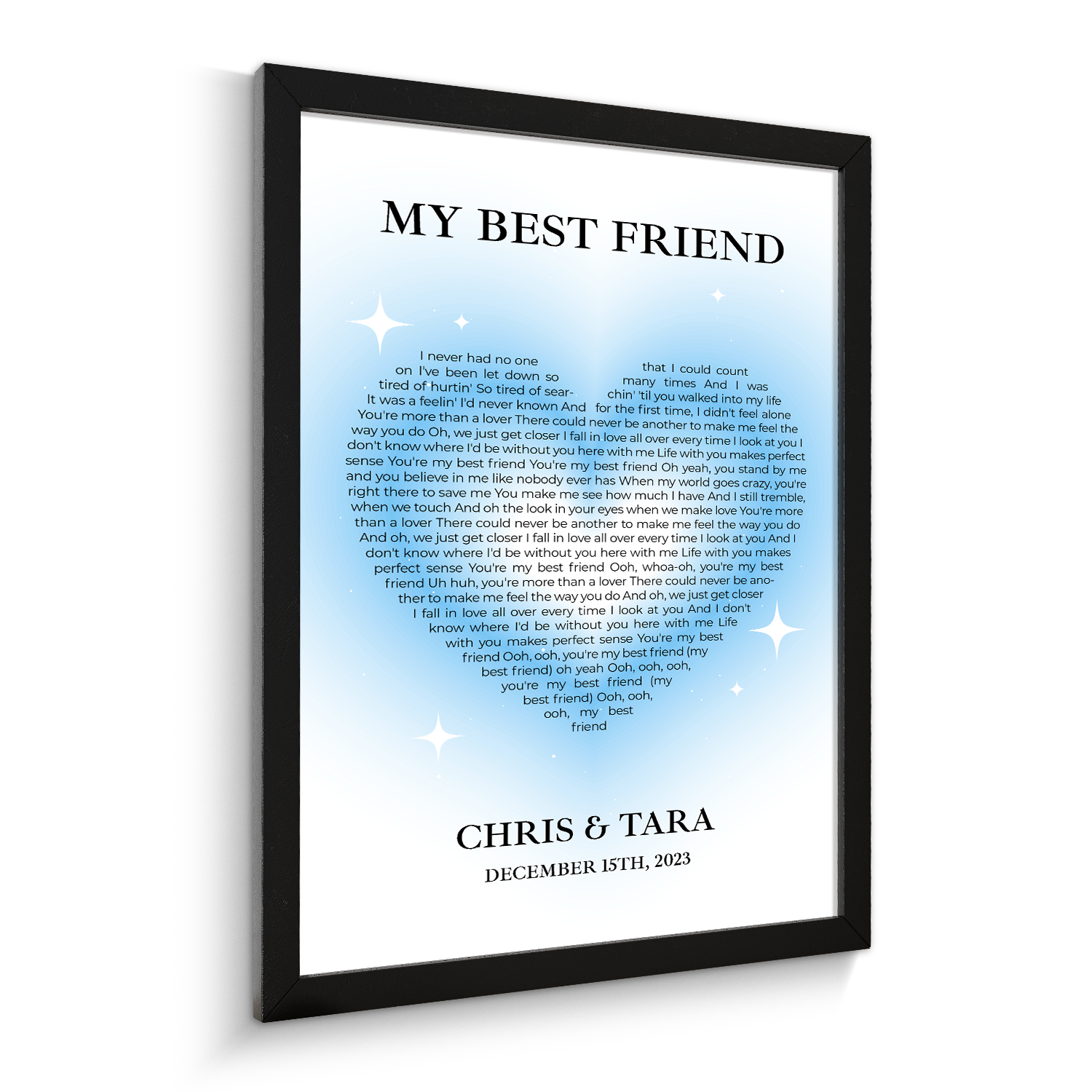 Ice Blue Heart Shaped Framed Art Print, Custom Song Lyrics & Name