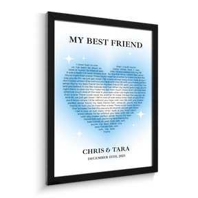 Ice Blue Heart Shaped Framed Art Print, Custom Song Lyrics & Name