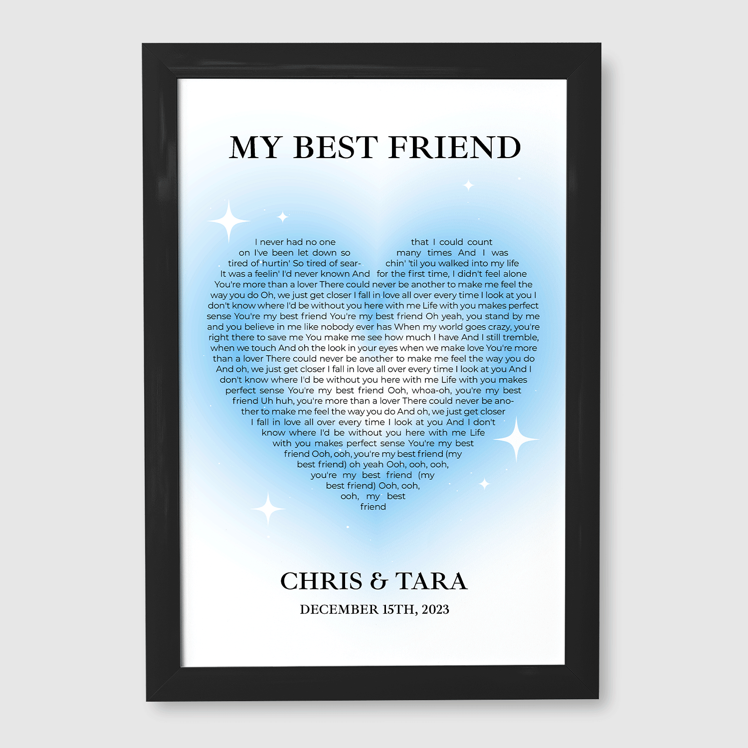 Ice Blue Heart Shaped Framed Art Print, Custom Song Lyrics & Name