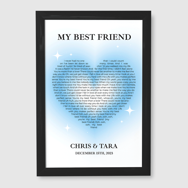 Ice Blue Heart Shaped Framed Art Print, Custom Song Lyrics & Name