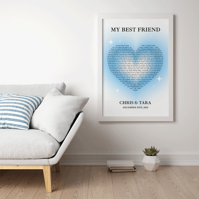 Ice Blue Heart Shaped Framed Art Print, Custom Song Lyrics & Name