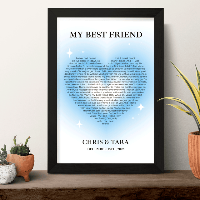 Ice Blue Heart Shaped Framed Art Print, Custom Song Lyrics & Name