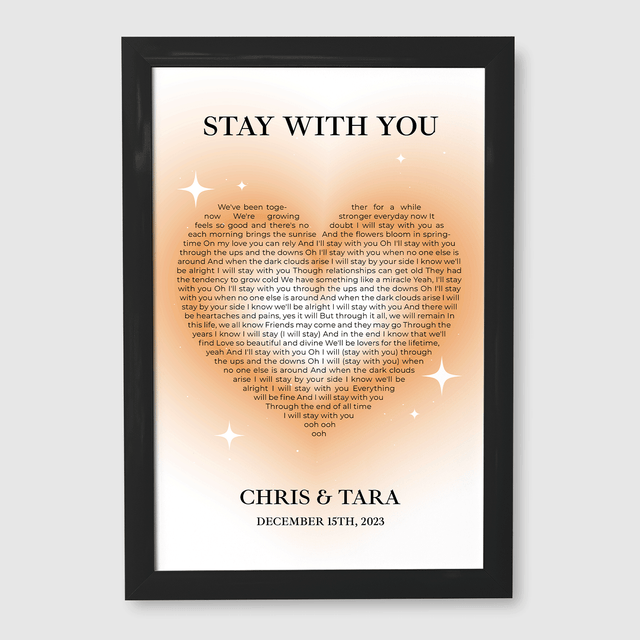 Sandy Heart Shaped Song Lyrics Framed Art Print, Custom Song Lyrics