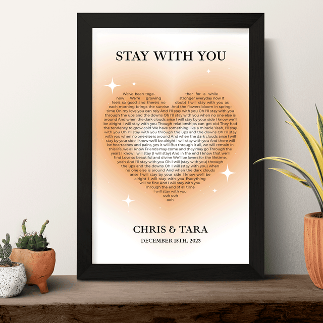 Sandy Heart Shaped Song Lyrics Framed Art Print, Custom Song Lyrics