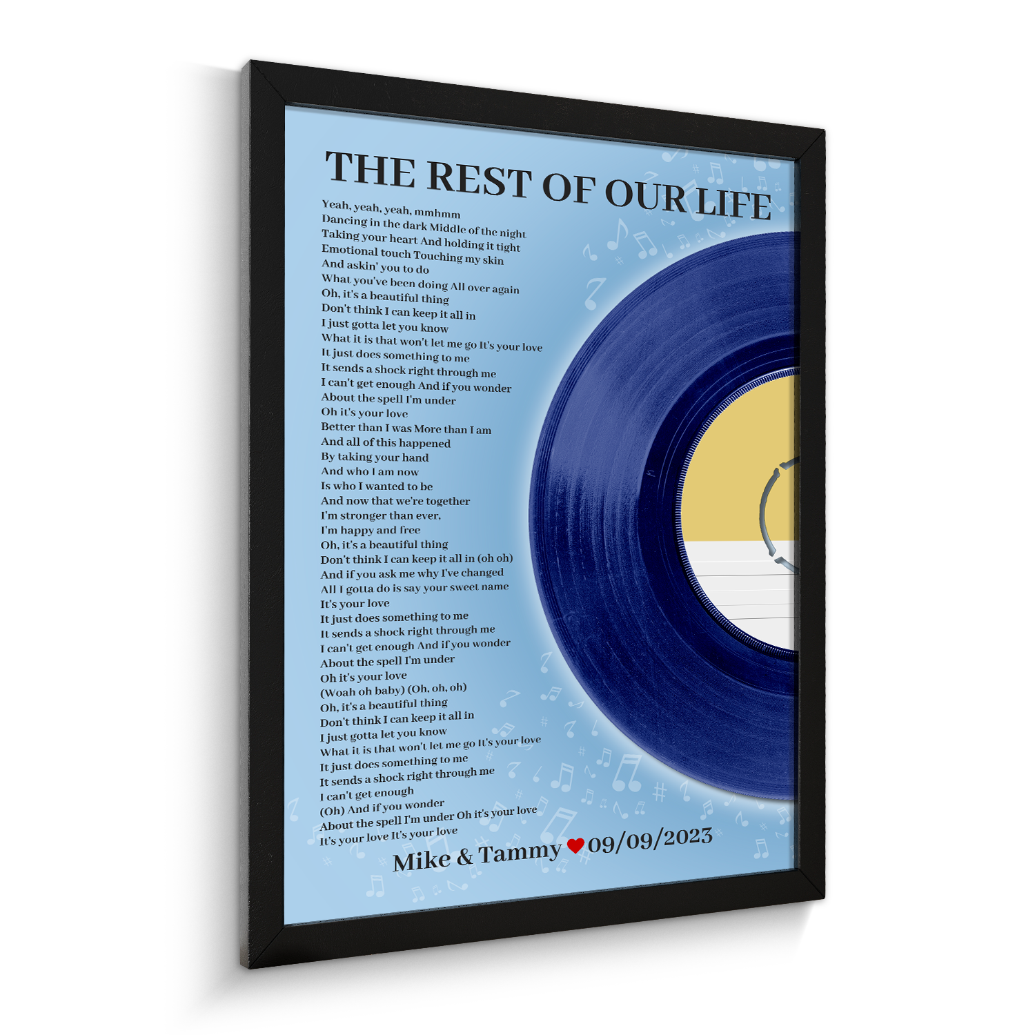 Personalized Favorite Song Lyrics Vinyl Record Print, Ice Blue Framed Art Print