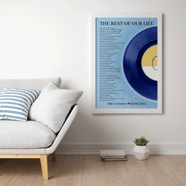 Personalized Favorite Song Lyrics Vinyl Record Print, Ice Blue Framed Art Print