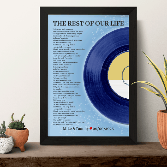 Personalized Favorite Song Lyrics Vinyl Record Print, Ice Blue Framed Art Print