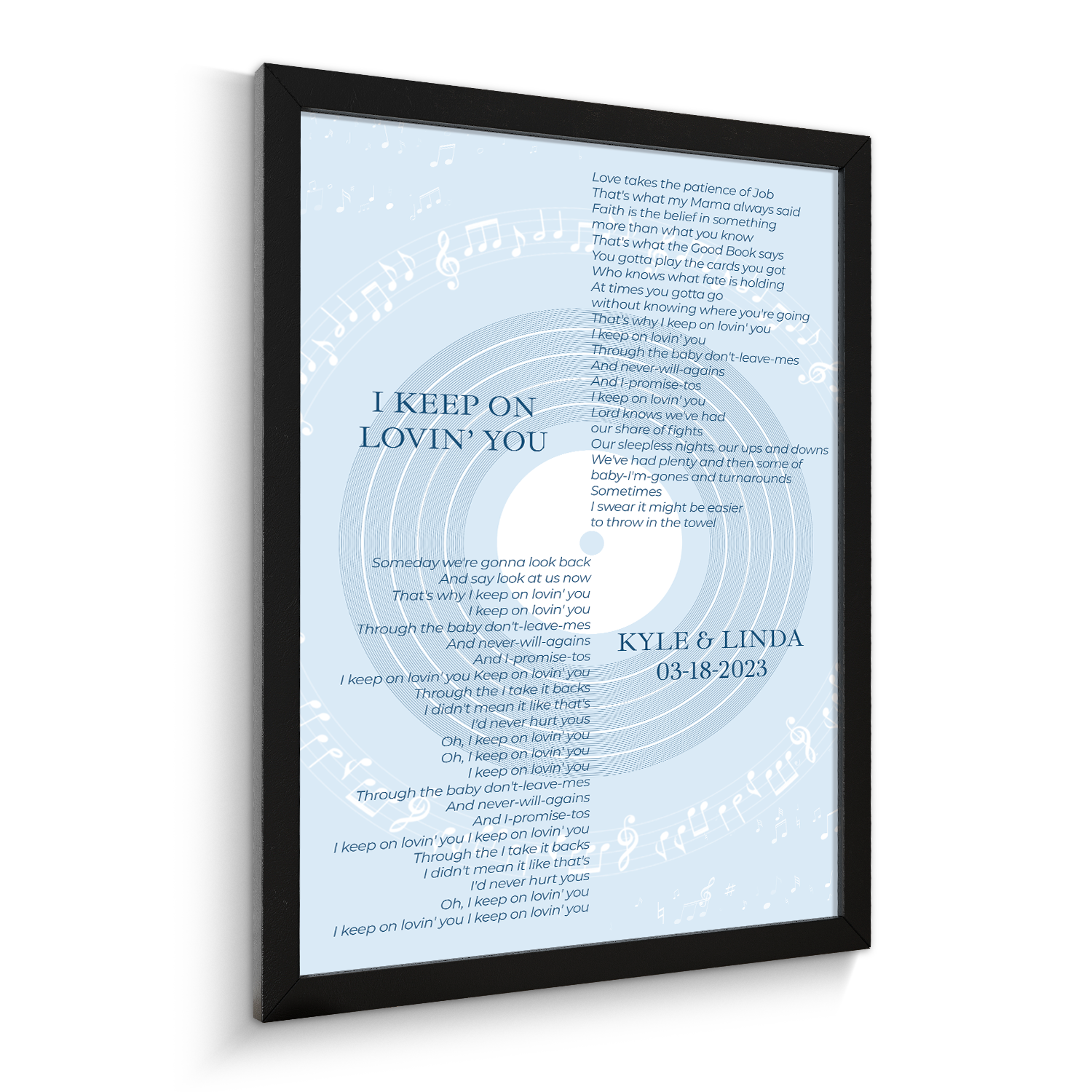 Vinyl Record Minimalist Pastel Blue Framed Art Print, Custom Song Lyrics