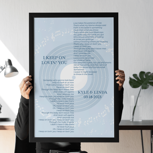 Vinyl Record Minimalist Pastel Blue Framed Art Print, Custom Song Lyrics
