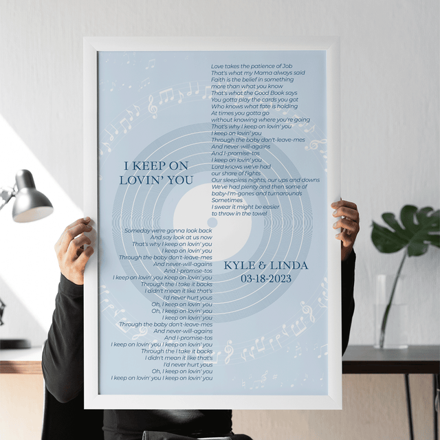Vinyl Record Minimalist Pastel Blue Framed Art Print, Custom Song Lyrics