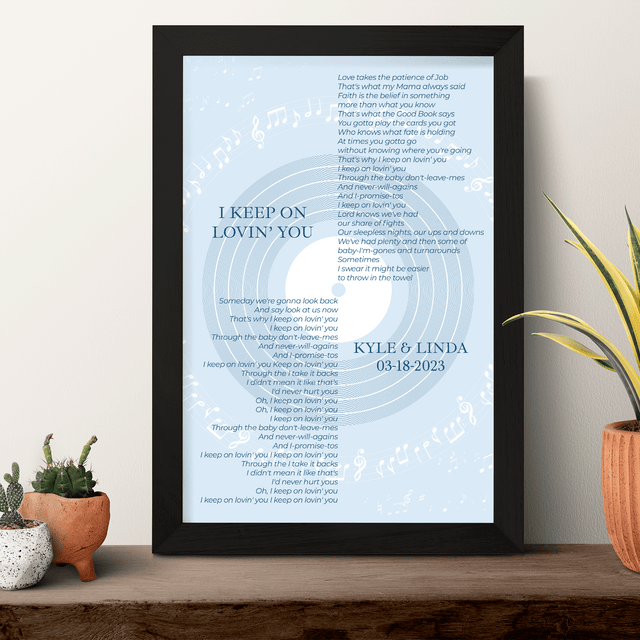 Vinyl Record Minimalist Pastel Blue Framed Art Print, Custom Song Lyrics