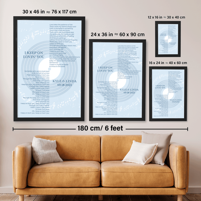 Vinyl Record Minimalist Pastel Blue Framed Art Print, Custom Song Lyrics
