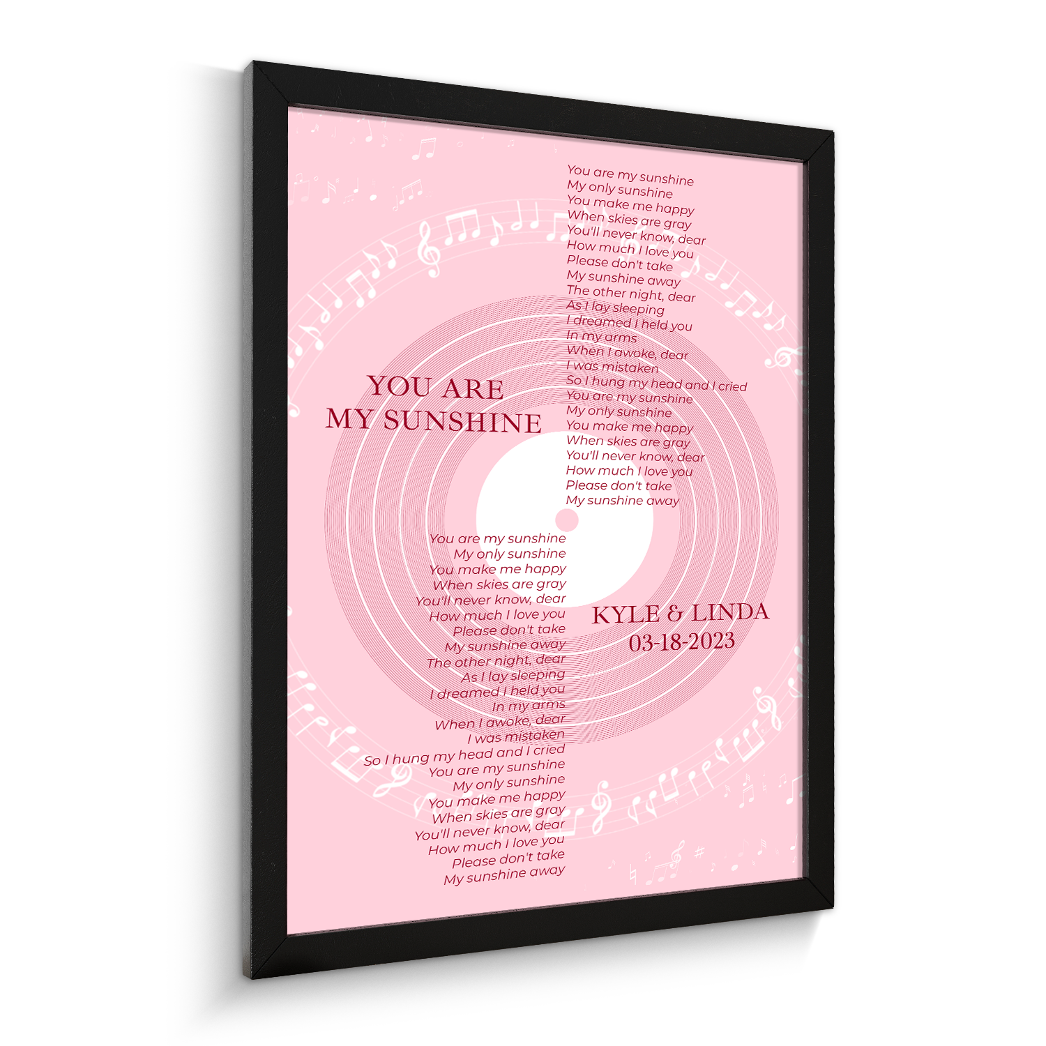 Pastel Pink Vinyl Record Framed Art Print, Personalized Song Lyrics