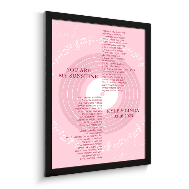 Pastel Pink Vinyl Record Framed Art Print, Personalized Song Lyrics