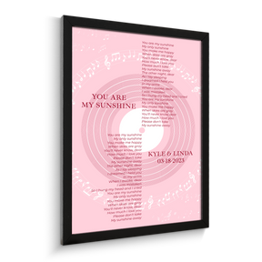 Pastel Pink Vinyl Record Framed Art Print, Personalized Song Lyrics
