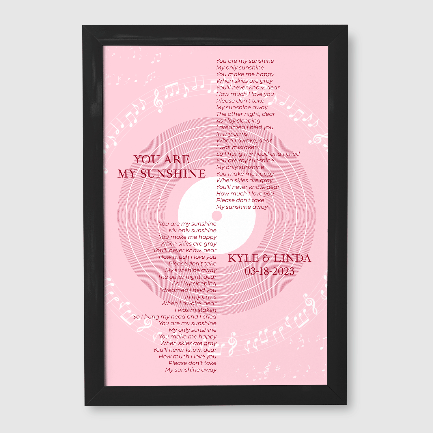 Pastel Pink Vinyl Record Framed Art Print, Personalized Song Lyrics