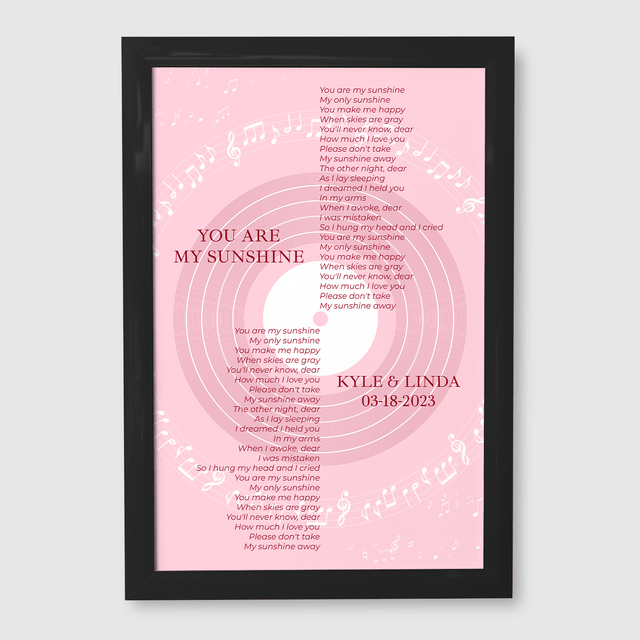 Pastel Pink Vinyl Record Framed Art Print, Personalized Song Lyrics