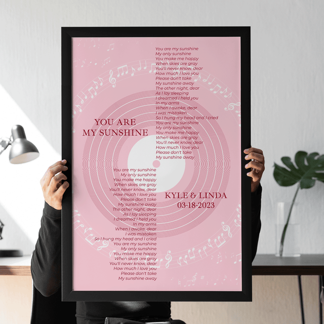 Pastel Pink Vinyl Record Framed Art Print, Personalized Song Lyrics