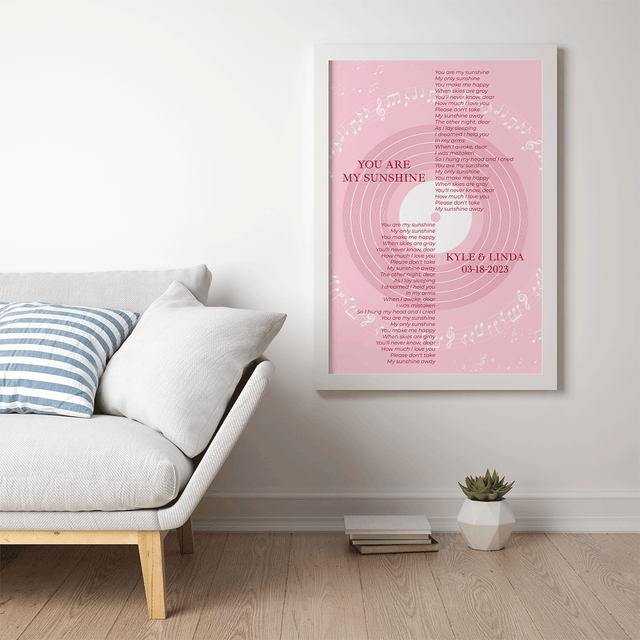 Pastel Pink Vinyl Record Framed Art Print, Personalized Song Lyrics