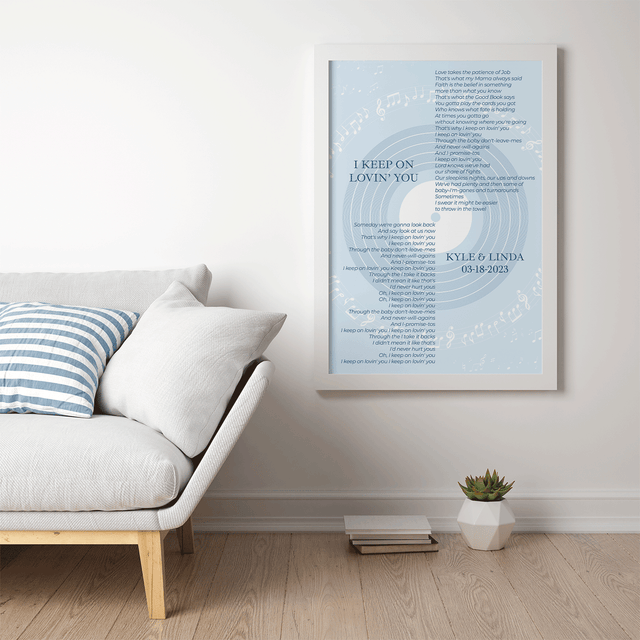 Vinyl Record Minimalist Pastel Blue Framed Art Print, Custom Song Lyrics