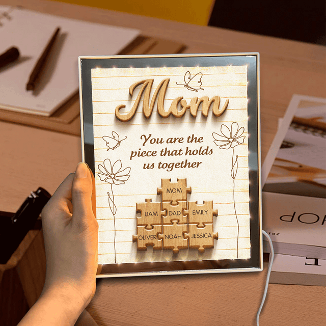 Custom LED Mirror Frame Lamp – Personalized Puzzle Name Design for Mom