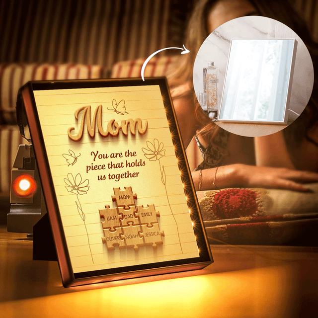 Custom LED Mirror Frame Lamp – Personalized Puzzle Name Design for Mom