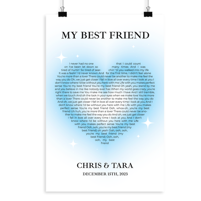 Ice Blue Heart Shaped Framed Art Print, Custom Song Lyrics & Name