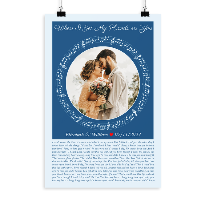 Circular Photo Ice Blue Framed Art Print, Custom Song Lyrics & Name