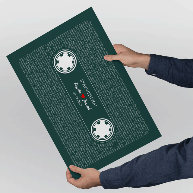 Forest Green Retro Cassette Tape Design, Personalized Song Lyrics Framed Art Print