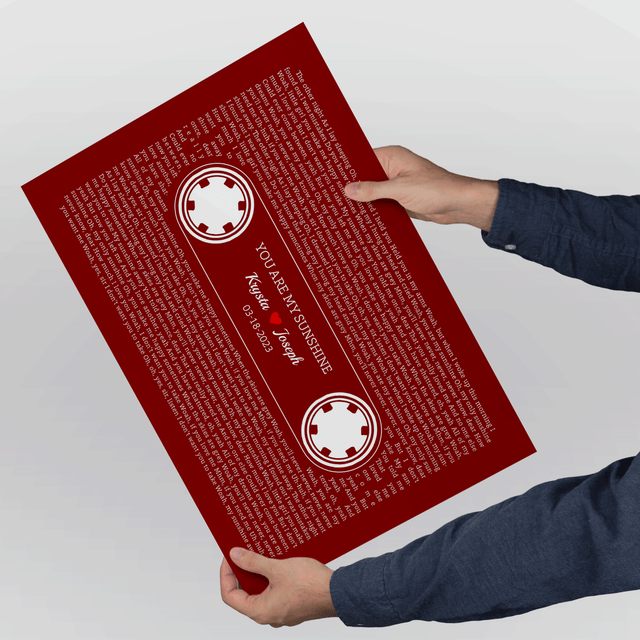 Maroon Retro Cassette Tape Design, Personalized Song Lyrics Framed Art Print